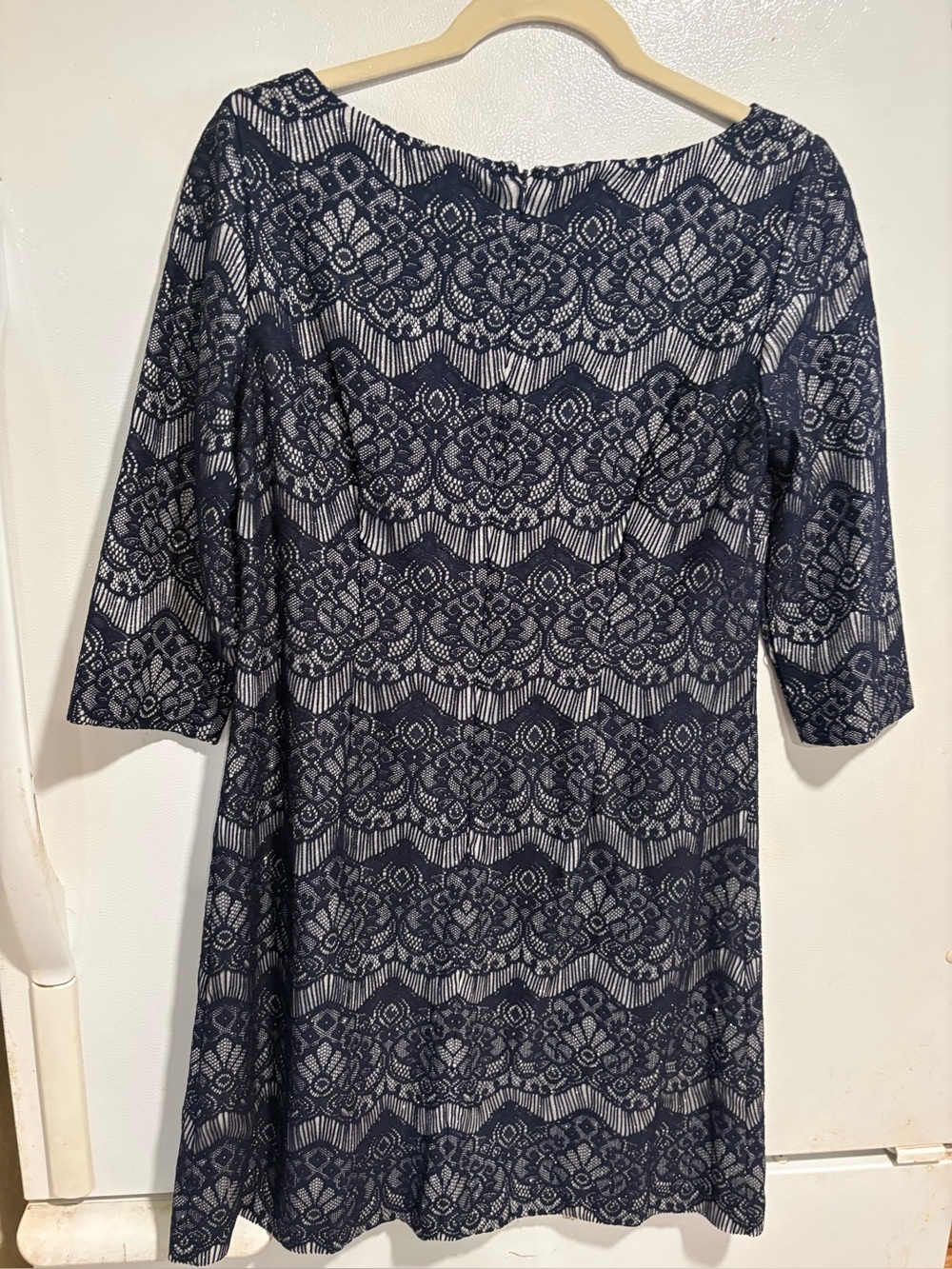 Jessica Howard navy blue and silver glitter lace sheath dress with 3/4 sleeves